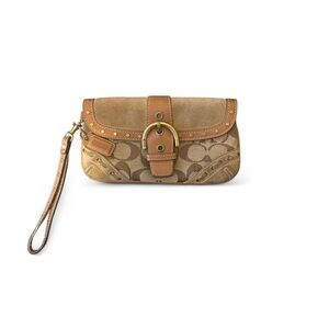 Y2K Coach Tan Signature Monogram Jacquard Soho Suede Wristlet w/ Gold Hardware